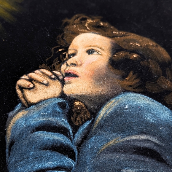 Vintage Acrylic Painting On Velvet Canvas Girl Praying 15x19 - Picture 2 of 6